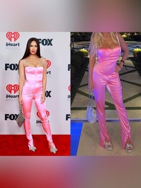 Satin Jumpsuit Pink Rhinestone Buttons Small